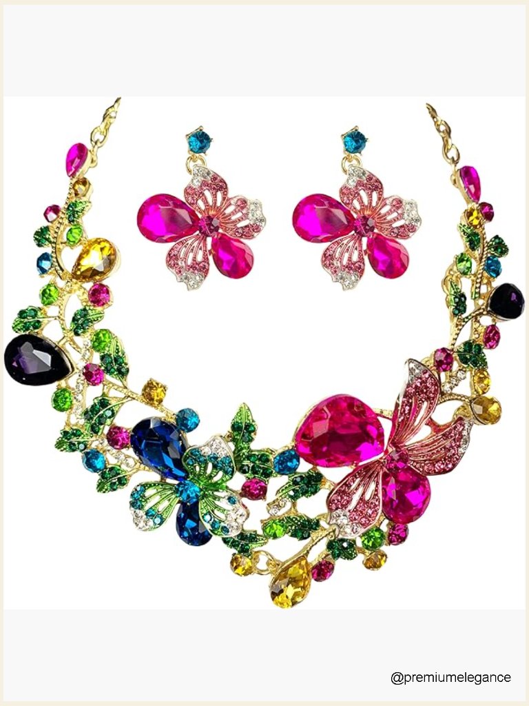 Chunky Crystal Flower Bib Statement Necklace & Earrings Set
